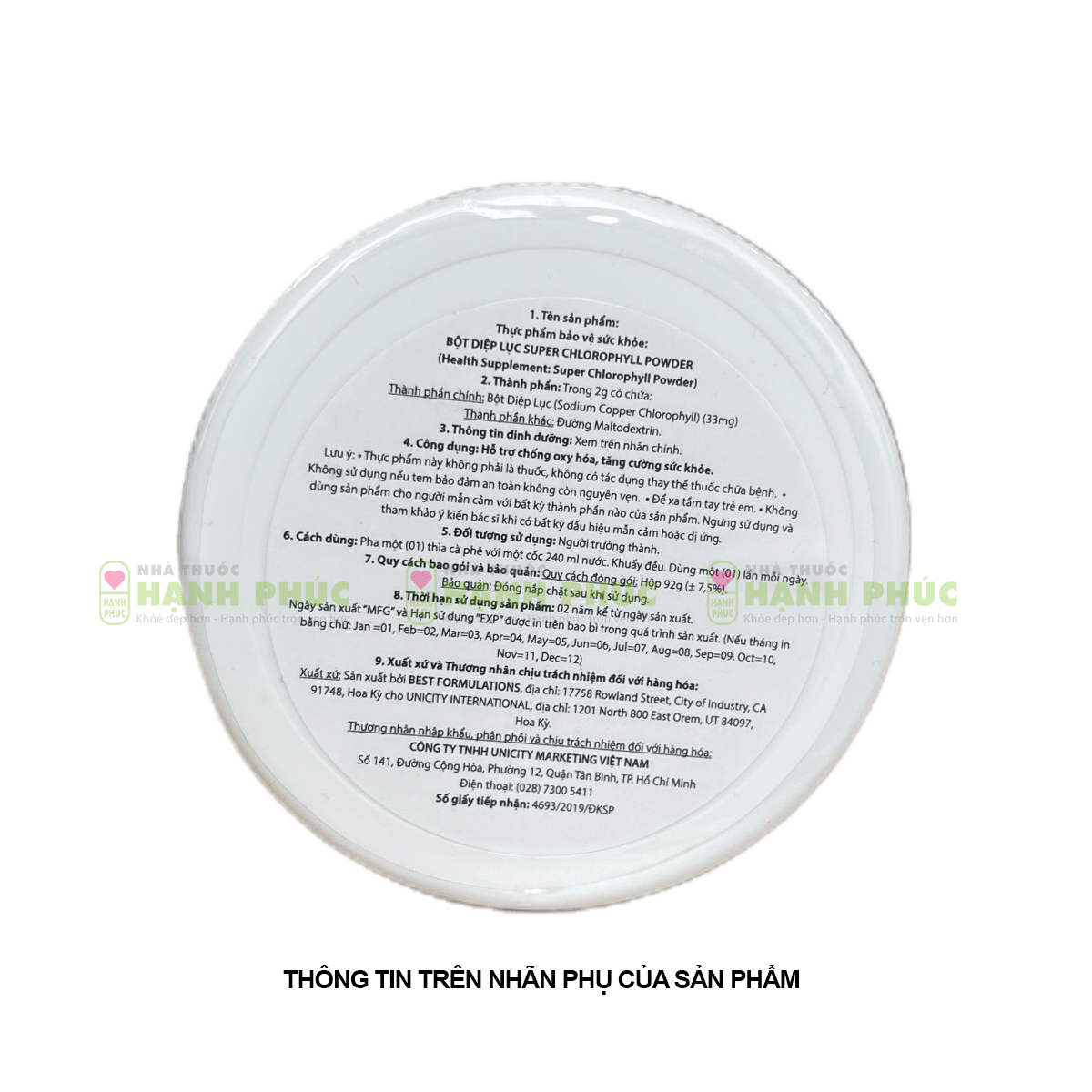Bột Diệp Lục Unicity Super Chlorophyll Powder 92g Chính Hãng date mới - Hakichi 7 Nhãn phụ của sản phẩm bột diệp lục unicity Super Chlorophyll Powder