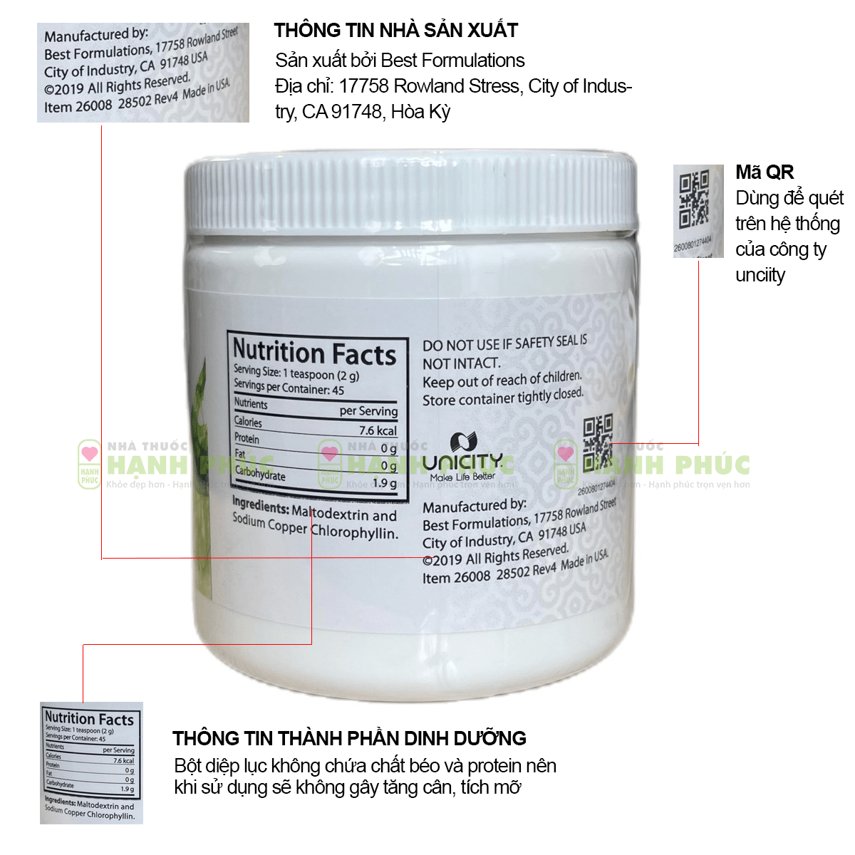Bột Diệp Lục Unicity Super Chlorophyll Powder 92g Chính Hãng date mới - Hakichi 4 Thông tin trên nhãn của sản phẩm bột diệp lục Unicity Super Chlorophyll Powder