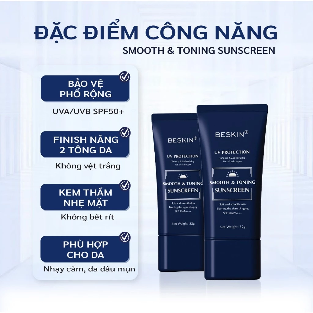 KEM CHỐNG NẮNG PHỔ RỘNG "SMOOTH & TONING SUNSCREEN" SPF 50+ PA+++ - Dung tích: 32g - Thương Hiệu: Beskin 1 KEM CHỐNG NẮNG PHỔ RỘNG "SMOOTH & TONING SUNSCREEN" SPF 50+ PA+++ - Dung tích: 32g - Thương Hiệu: Beskin