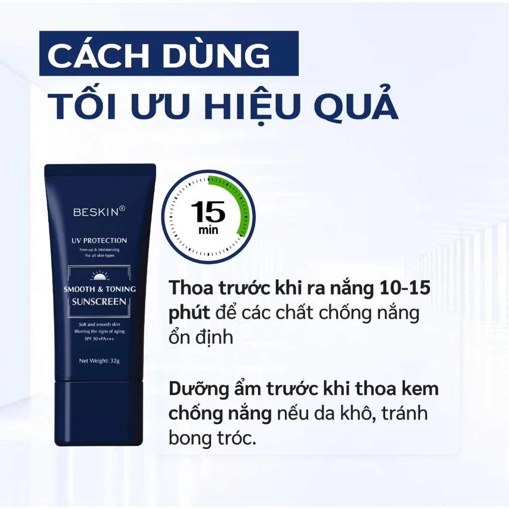 KEM CHỐNG NẮNG PHỔ RỘNG "SMOOTH & TONING SUNSCREEN" SPF 50+ PA+++ - Dung tích: 32g - Thương Hiệu: Beskin 5 KEM CHỐNG NẮNG PHỔ RỘNG "SMOOTH & TONING SUNSCREEN" SPF 50+ PA+++ - Dung tích: 32g - Thương Hiệu: Beskin - Ảnh 5
