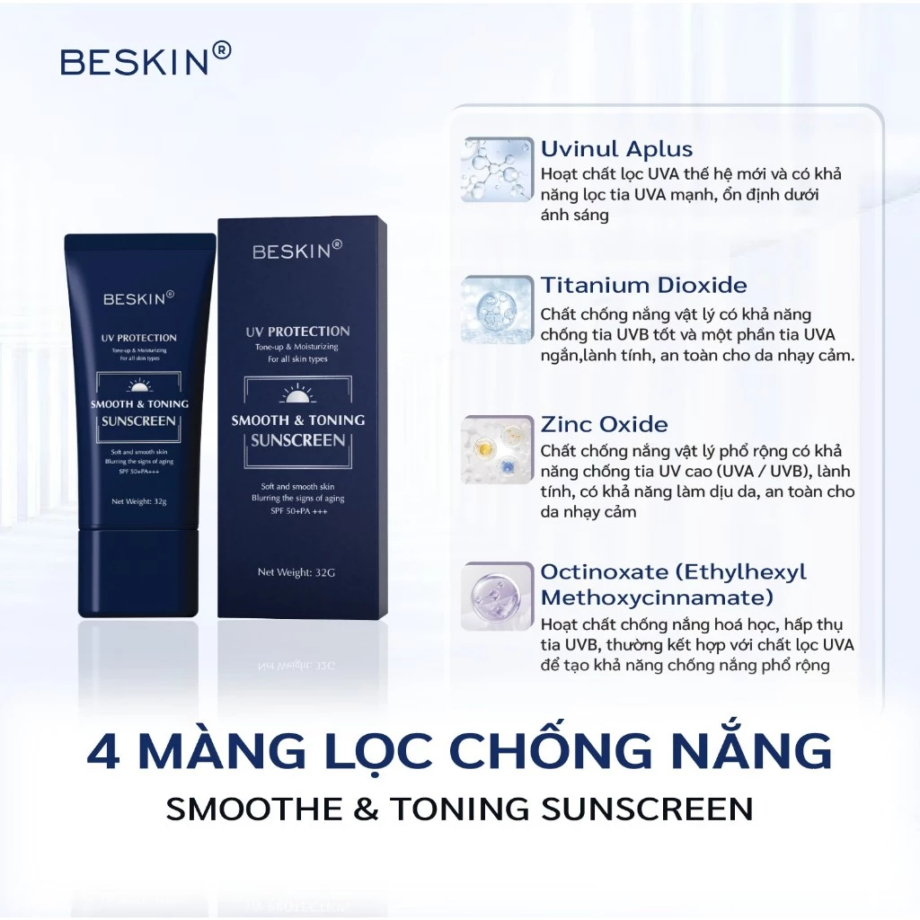 KEM CHỐNG NẮNG PHỔ RỘNG "SMOOTH & TONING SUNSCREEN" SPF 50+ PA+++ - Dung tích: 32g - Thương Hiệu: Beskin 7 KEM CHỐNG NẮNG PHỔ RỘNG "SMOOTH & TONING SUNSCREEN" SPF 50+ PA+++ - Dung tích: 32g - Thương Hiệu: Beskin - Ảnh 7